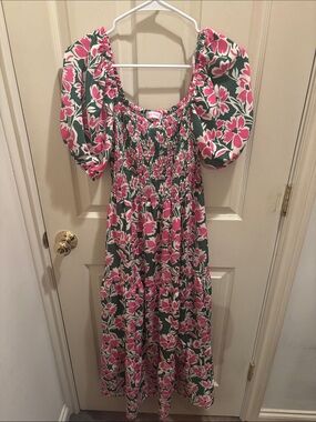 Pink Floral Smocked Midi Dress with Puff Sleeves size large